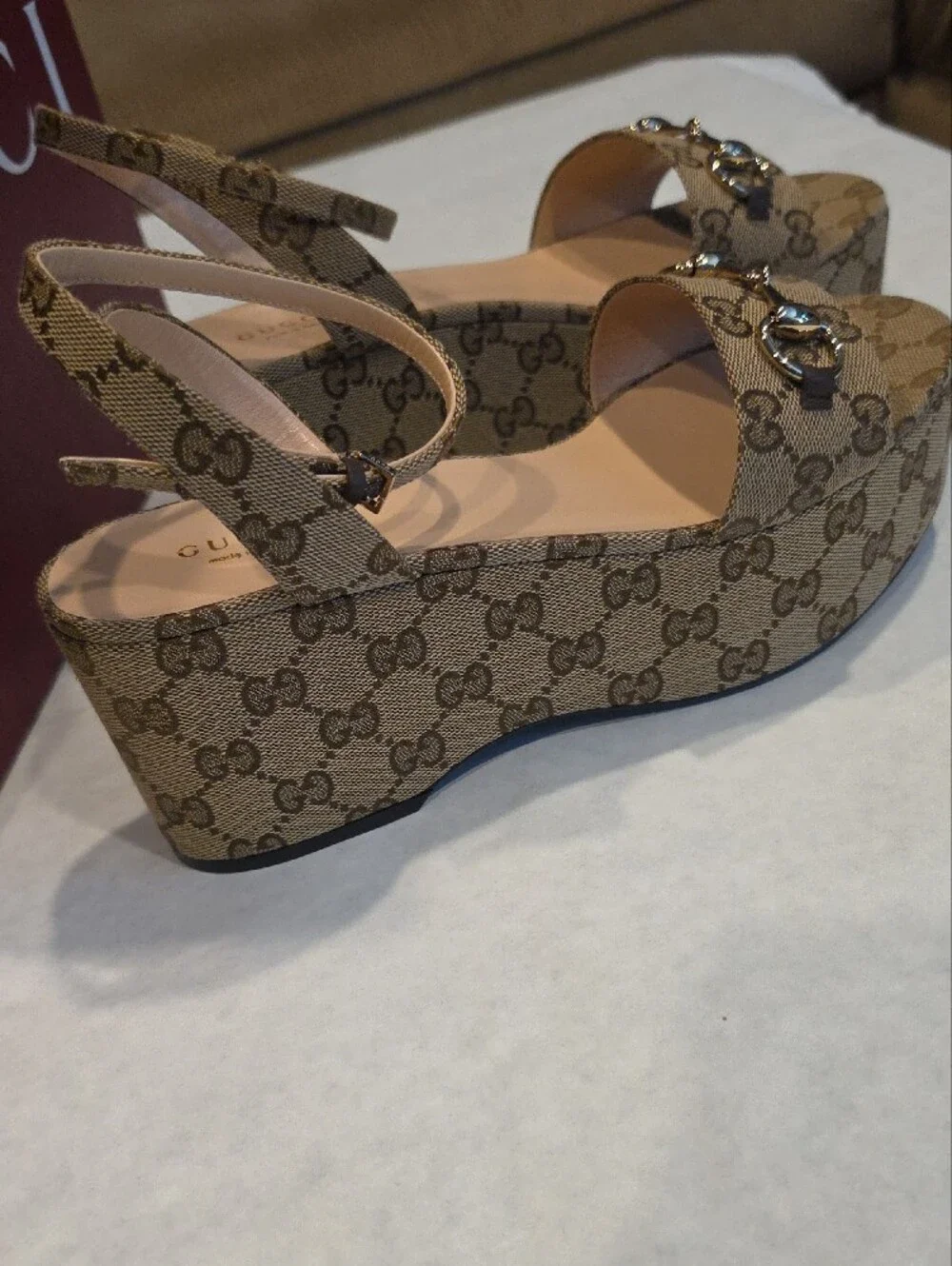Gucci Brown GG Canvas Platform Wedge Sandals with Horsebit